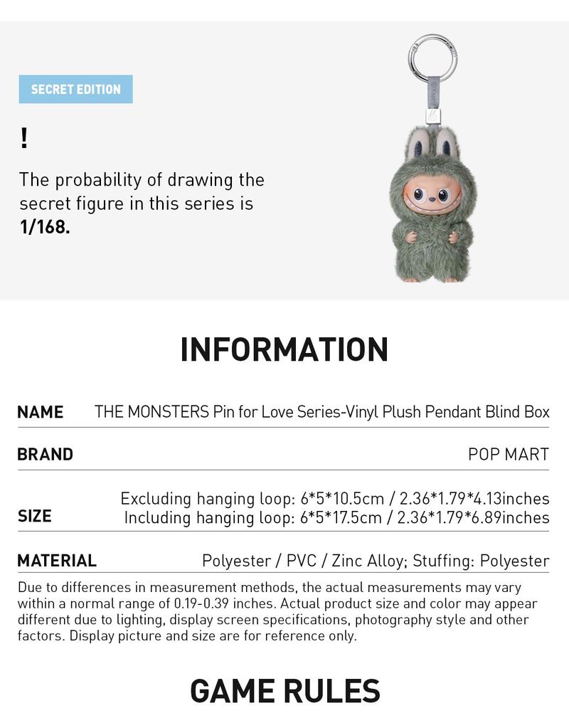 POP MART THE MONSTER Pin for Love Series - Vinyl Plush Pendant blind box (A-M)