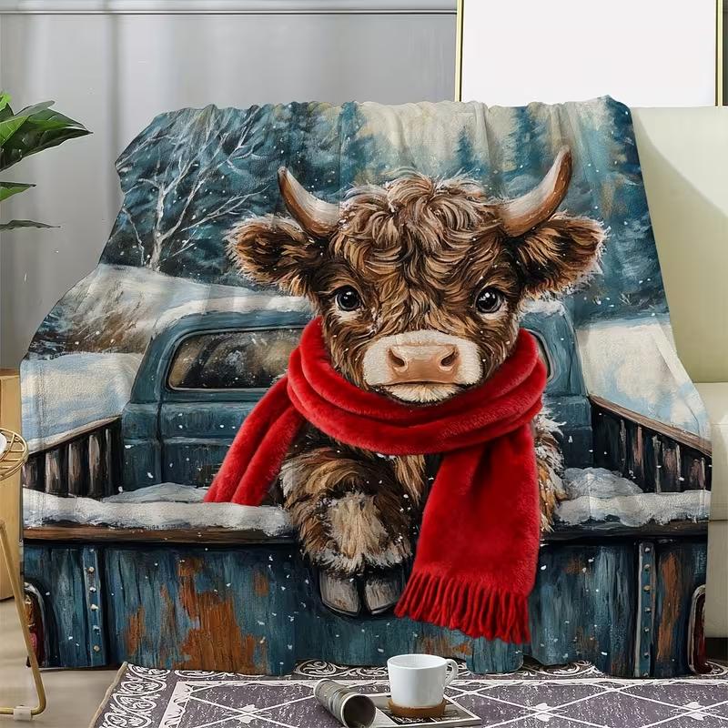 Highland Cow Pattern Soft Blanket, Cow Print Blanket, Cool Bedroom Bedding Blankets, Air-conditioned Room Blanket, Warm Nap Blanket for Home Office Travel Camping