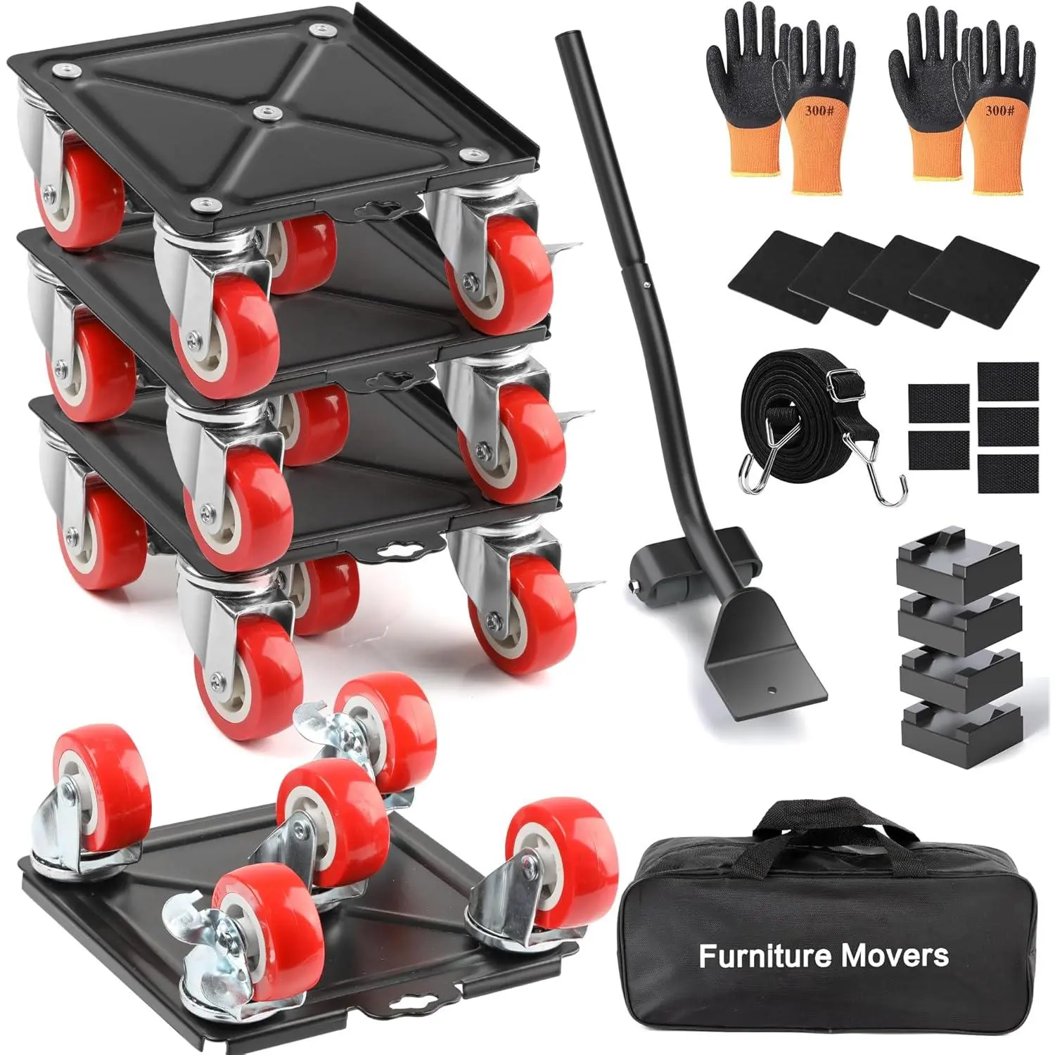 4 Packs Heavy Duty Furniture  with 5 Wheels Rubber Silent Furniture Lift, 3300 lbs Load Capacity, Furniture Lift Tool Set Made of  Carbon Steel