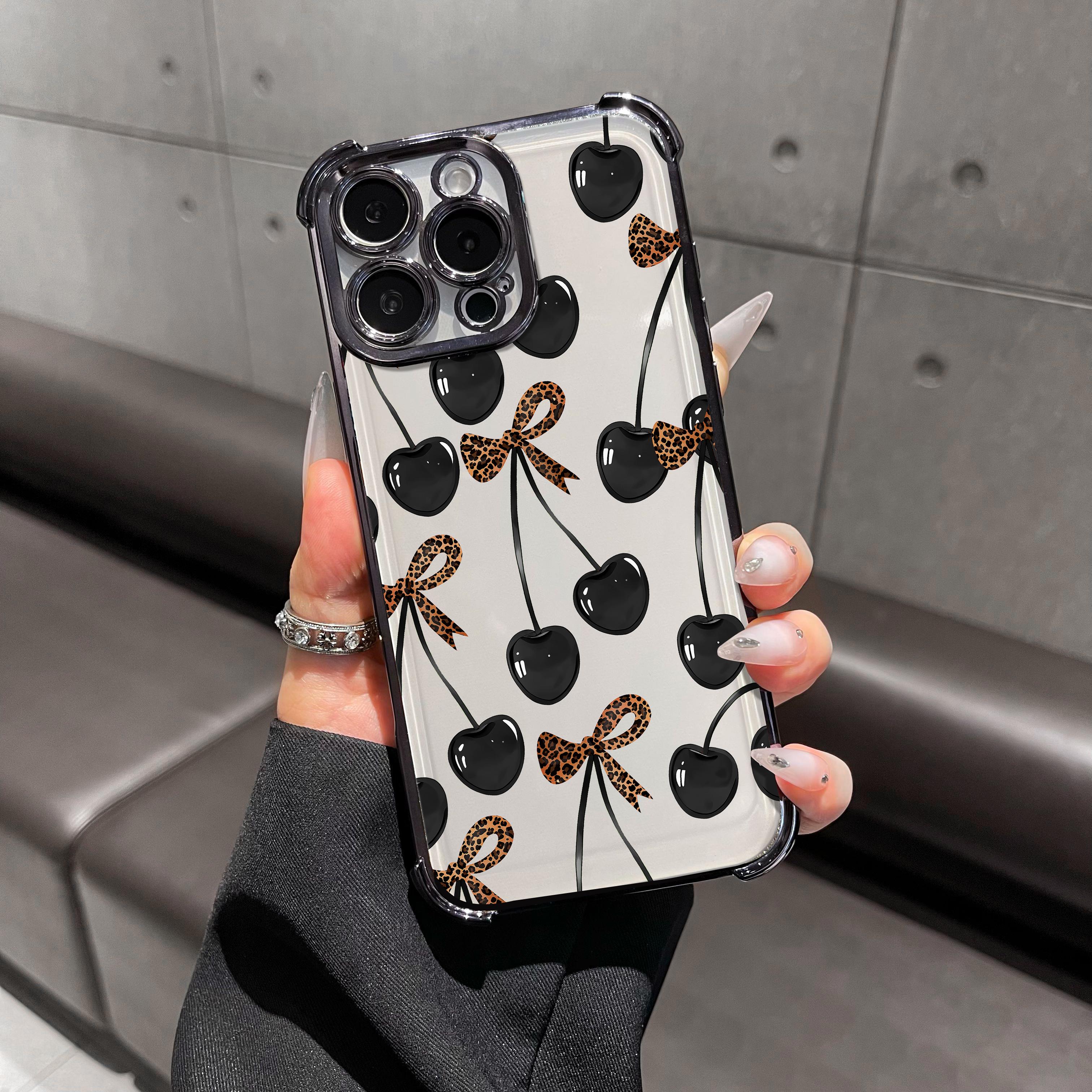 Cherry leopard print bow pattern four-corner shockproof transparent electroplated protective phone casefor iPhone Samsung Galaxy 17 Air 16Pro Max 15 14Plus 13 12 11XR XS S25 S24 S23,Simple and stylish camera Protection DurablePhone Case.HY65