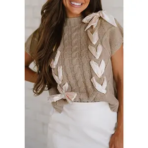 Simply Taupe Cable Knit Colorblock Satin Bowknot Short Sleeve Sweater