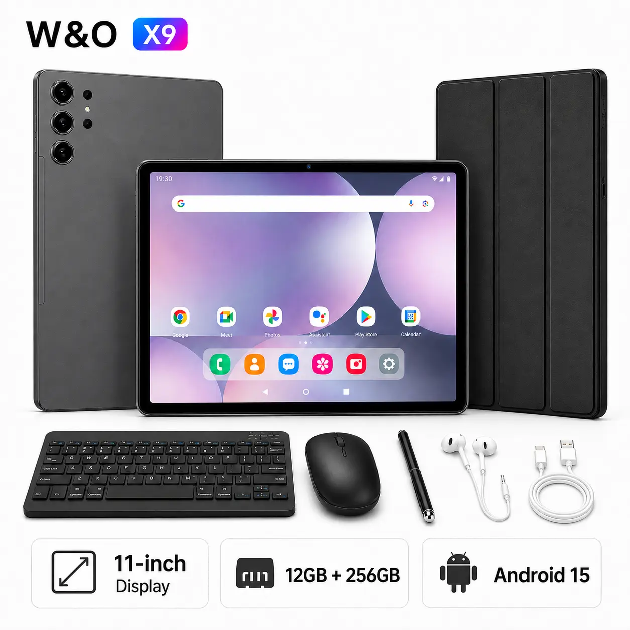 W&O X9U Android Tablet with Keyboard, 11" Display, Android 15 ,10000mAh Battery, GPS, Wireless Mouse, Stylus, Earphones, Case & Screen Protector, All-in-One Tablet Bundle for School and Work