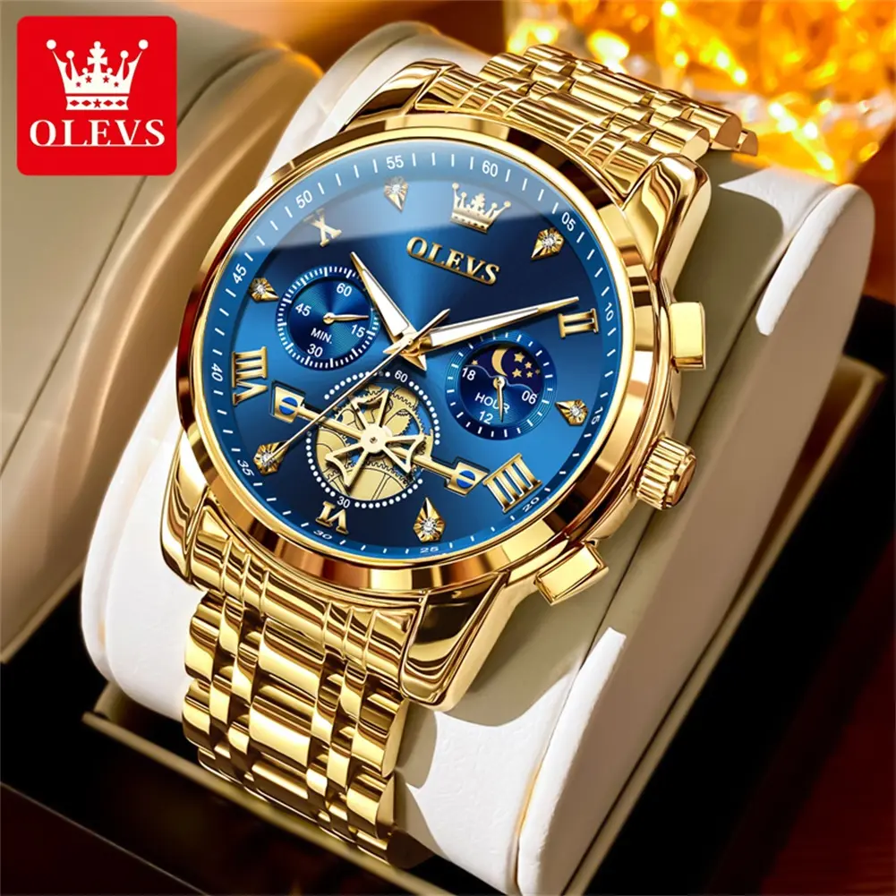 OLEVS Men's Quartz Watch with Luminous Dial Stainless Steel Band 3ATM Waterproof Chronograph Green/Blue/Black Dial Wristwatch 2856