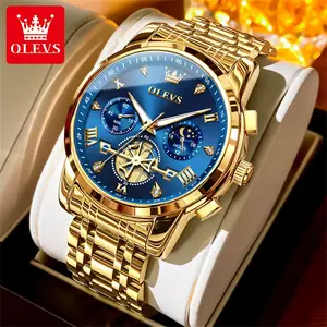 OLEVS Men's Quartz Watch with Luminous Dial Stainless Steel Band 3ATM Waterproof Chronograph Green/Blue/Black Dial Wristwatch 2856