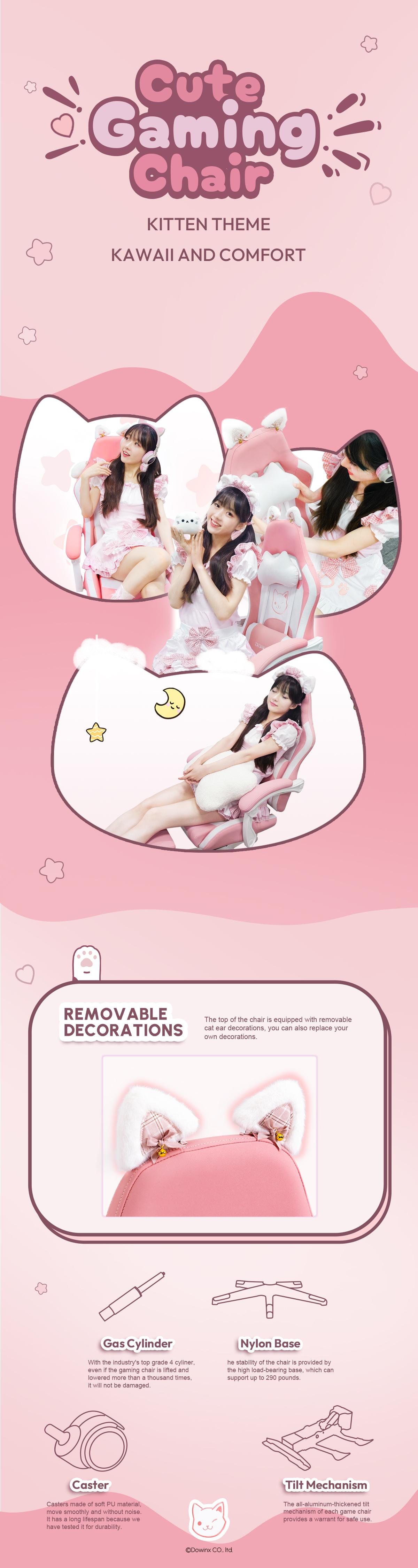 Dowinx Gaming Chair Cute with Cat Ears and Massage Lumbar Support, Ergonomic Computer Chair for Girl with Footrest and Headrest, Comfortable Reclining Game Chair 290lbs for Adult, Teen, Three Colors