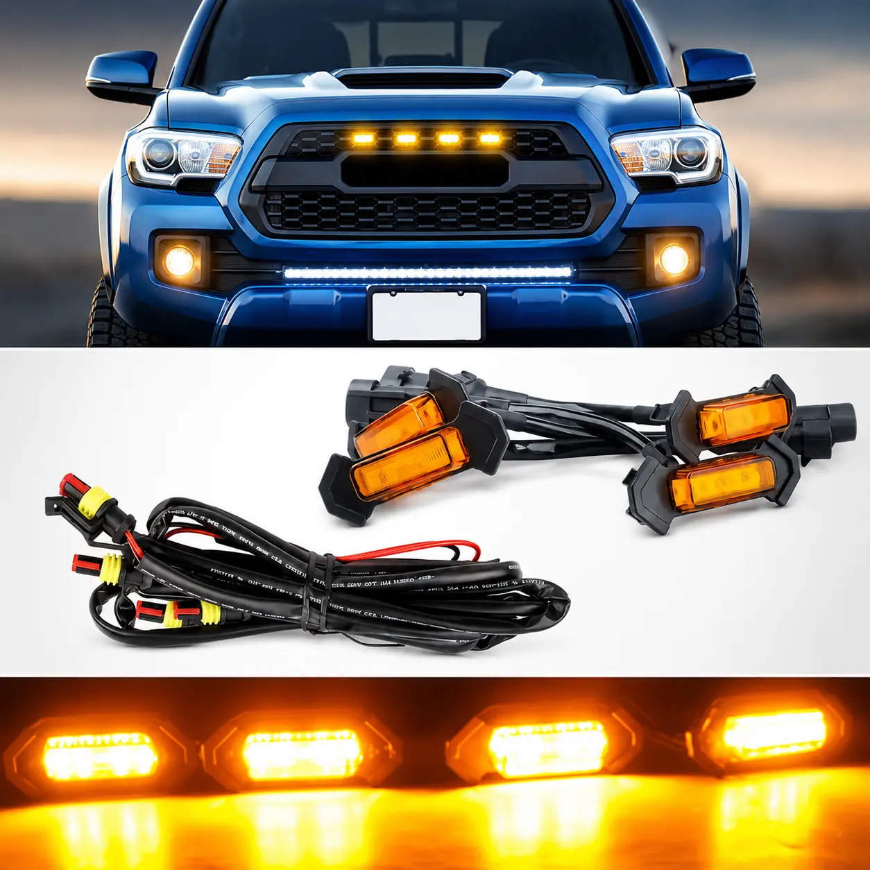 **4PC Complete 6-LED Amber Front Grille Lights Kit with Fuse Adapter for Toyota Tacoma 2016-2024 TRD Off Road / TRD Sport / SR5 / Limited / TSS**