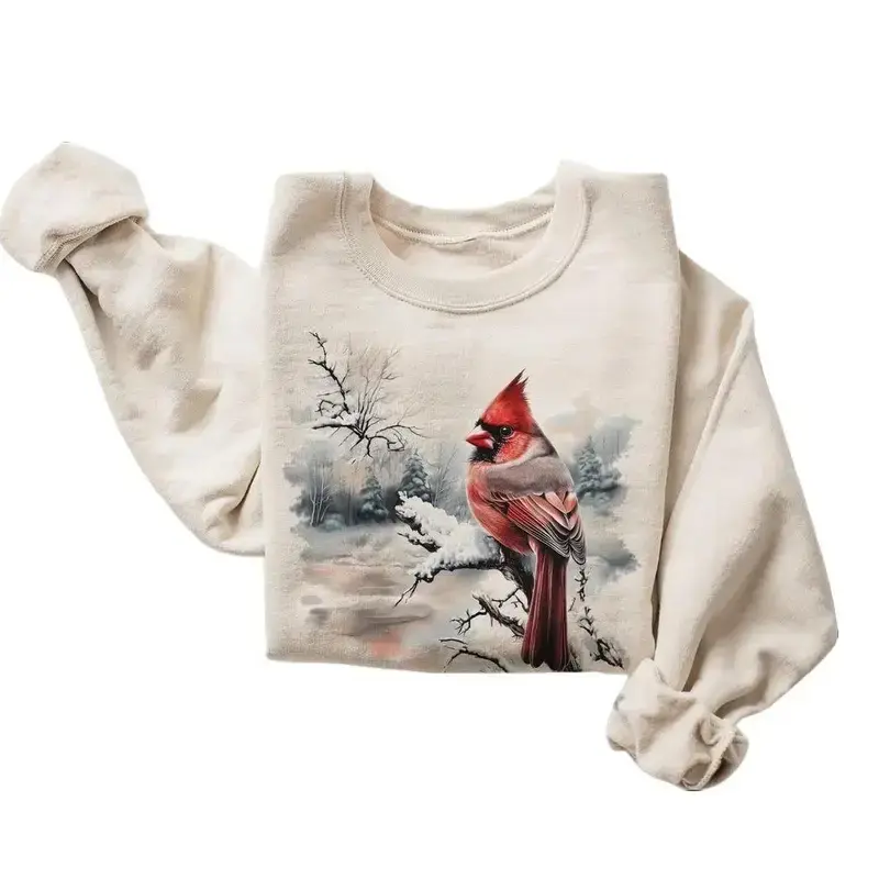 Retro Red Cardinal Winter Scene Sweatshirt - Nineties 90s Birding Bird Watching Outfit - Boho Unisex Cotton