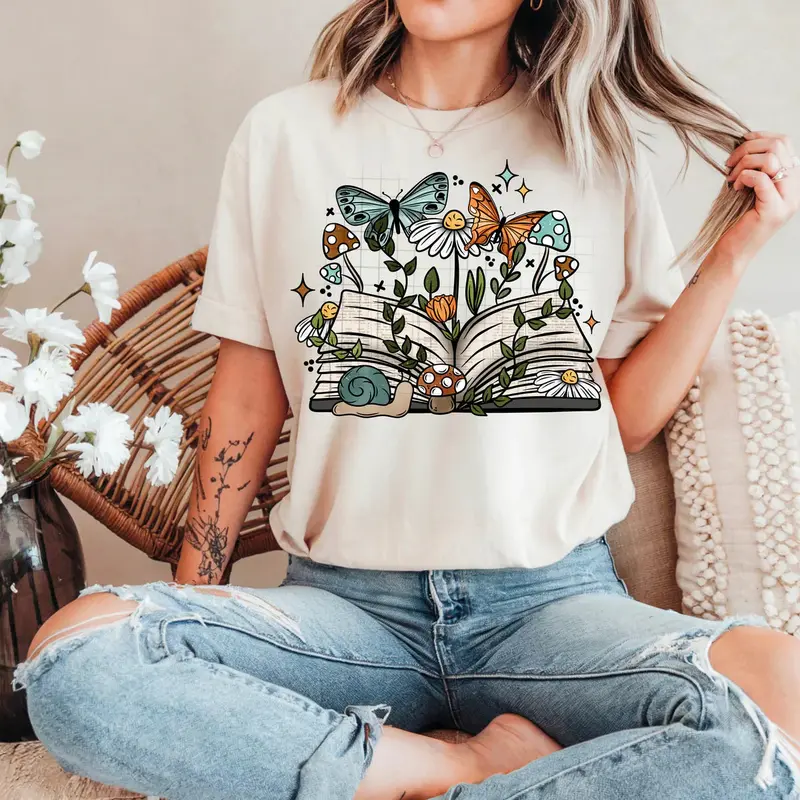 Cottagecore Open Book Butterflies Greenery w/ Sleeves Womens Graphic T-shirt/Crewneck