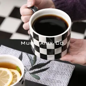 【Mug Fairy Co】 Black And White Checker Polka Dot Ceramic Mug