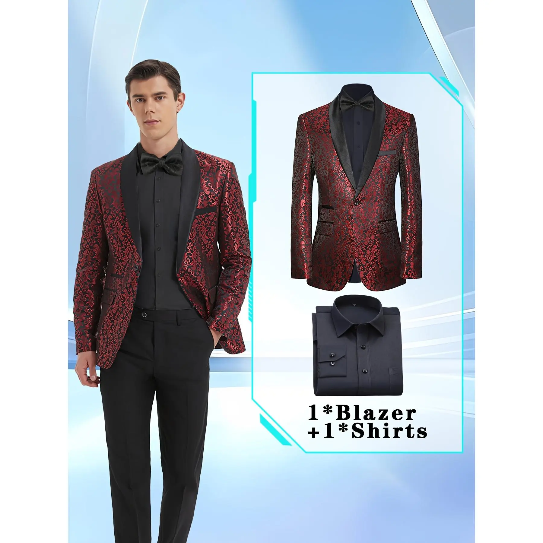 Men's 2-Piece Jacquard Formal Menswear Tuxedo Outerwear Set - Long-Sleeve Blazer, Shirt, Tie, Floral Print, Shawl Collar, Flap Pockets, Fitted, Medium Length, Polyester, Rayon, Buttons, All Seasons, for Party, Banquet, Cold Wash Compatible
