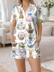 Women's Coquette Easter Bunny Short Sleeve Satin Pajama Set, Chinoiserie Easter Sleepwear