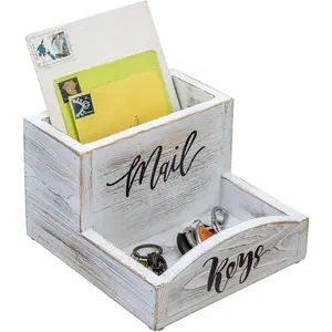 Shabby Whitewashed Solid Wood Mail Holder and Key Organizer Entryway Storage Tray with Cursive Mail and Keys Word Design, Office Desktop Organizing Bin