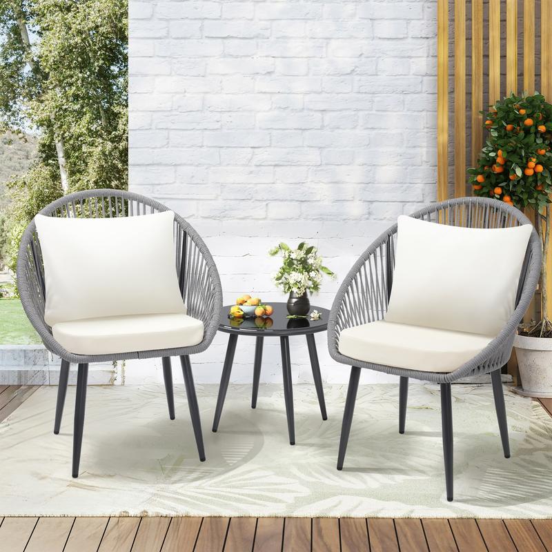3-Piece All-Weather Bistro Set – Woven Rope Chairs with Cushions & Side Table, Modern Black Patio Set for Balcony, Poolside & Outdoor Lounging