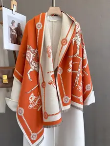 Women's Fall Winter Horse Car Pattern Scarf, Warm Boho Style Shawl, Comfortable Daily Wear, Suitable for Air Conditioning Rooms, Scarf Wrap