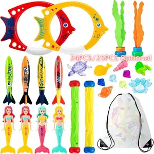 24PCS/25PCS Mermaid Diving Pool Toys Set, Includes Fish-Shaped Dive Rings, Dive Sticks, Gem Treasures, Mermaid Dolls & Storage Bag, Summer Swim Toys for Kids Teens Adults, Perfect Pool & Hawaiian Luau Party Favors, Swimming Pool Set