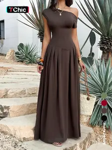Elegant Long Maxi Dress with Off-Shoulder Design, Slim-Fitting Plain Pattern, Short Sleeve, Perfect for Formal Occasions Formal Wear