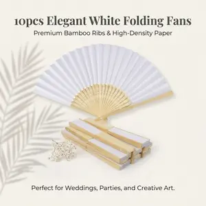 10pcs White Bamboo Folding Fans, Blank Paper Hand Fans, Lightweight Portable Fans for Weddings, Parties, DIY Crafts & Events