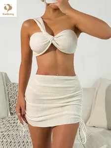 【EasDoing】3 Pieces Cream Crinkle One Shoulder Bikini Set Twist Top High Cut Bottom Drawstring Skirt Bathing Suits for Women