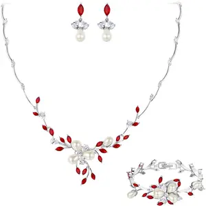 Marquise CZ Simulated  Bridal Flower Leaf Filigree Necklace Earrings Bracelet Set