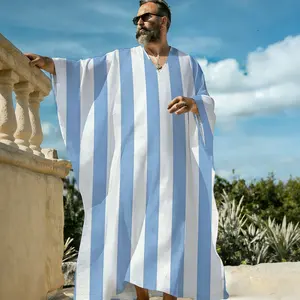 Men's Summer Stripe Print Vacation Caftan Robe, Casual Nautical Line Long Sleeve Kimono Cover Up, Lightweight Beach Pool Lounger Robe, Open Front Resort Sleep Shirt for Men