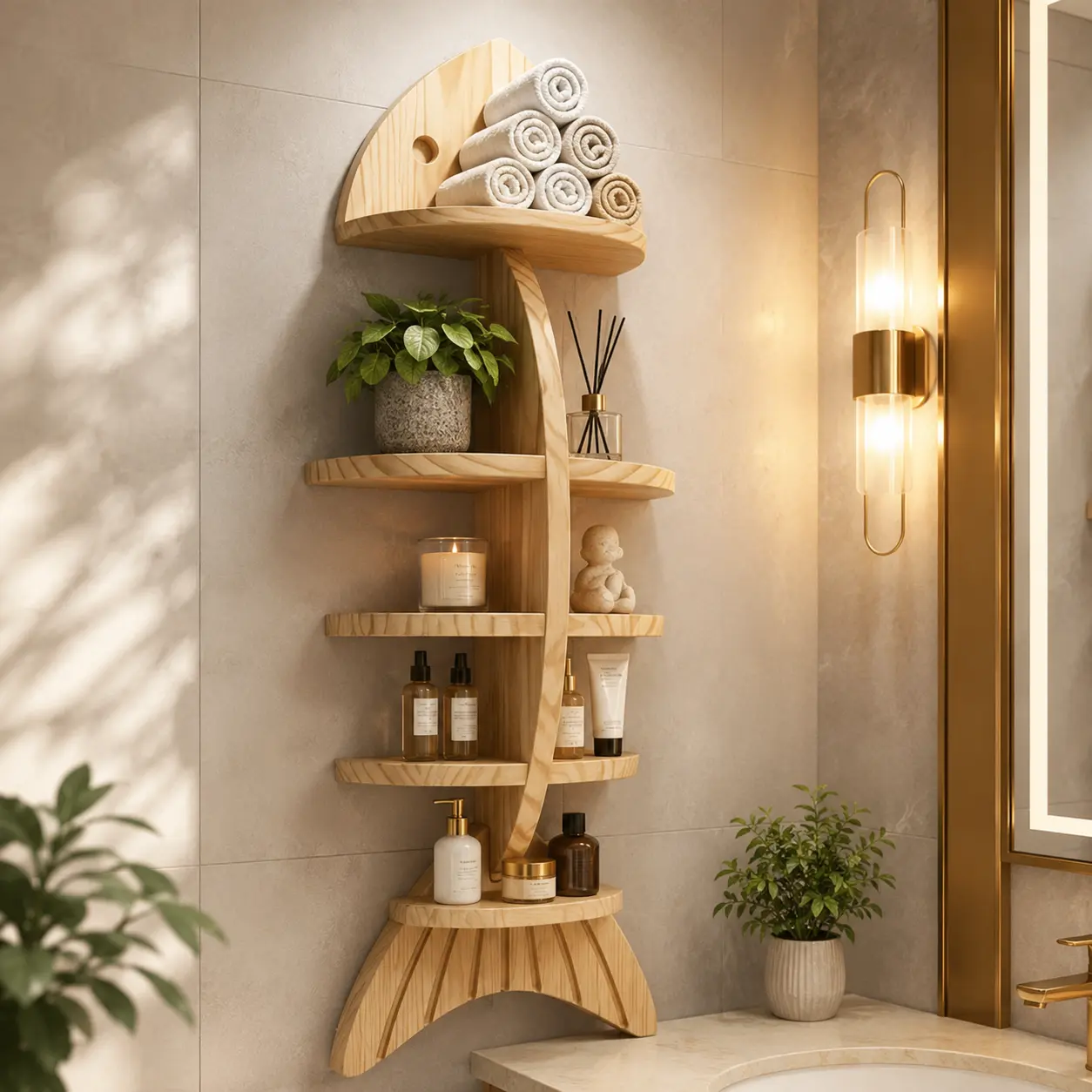 Creative Wooden Fishbone Wall Storage Shelf, Multi-Tier Bathroom Organizer with Towel and Toiletry Storage, Vertical or Horizontal Floating Shelves for Plants, Decor, Bedroom, Living Room and Entryway