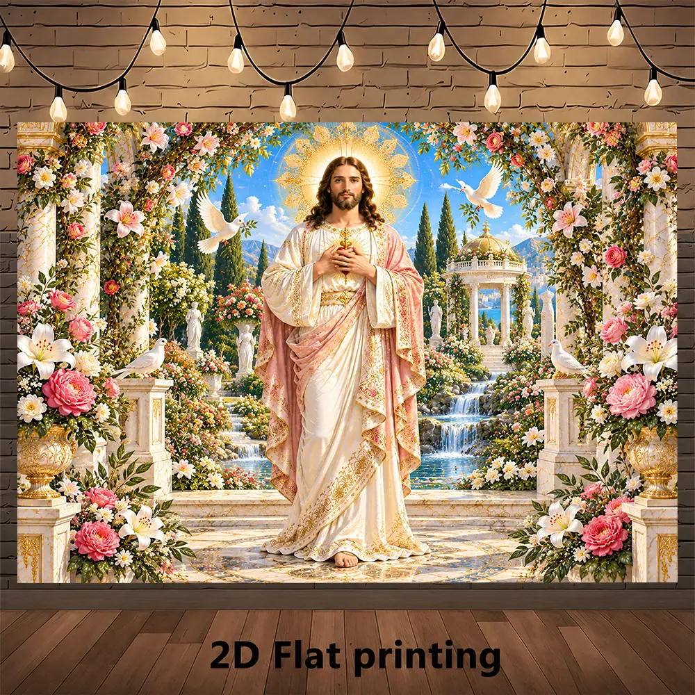 Jesus Floral Garden Backdrop, Christian Faith Photography Background with Flowers and Waterfall, Elegant Religious Banner for Church Hall, Prayer Event and Portrait Studio