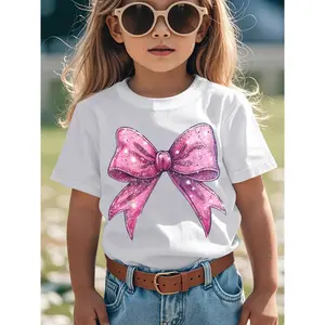 Girls' Pink Bow Graphic T-Shirt - Cute Aesthetic Glittery Bow & Heart Design, Short Sleeve Round Neck Casual Playwear, All-Season Comfort Fit for Everyday & Birthday Outfits (Machine Washable) - Trendy ' Top with Glittery Pink Bow & Heart Patterns