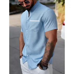 Men's Casual Short Sleeve Mandarin Collar Shirt - Lightweight Breathable Summer Button-Up with Chest Pocket, Machine Washable Solid Color for Outdoor, Ramadan & Festive Occasions, Outdoor Clothing, Classic Style, Easy Care, Outdoor Wear