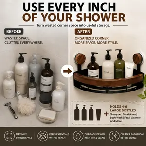 Save Space Instantly! Walnut Corner Shower Caddy with Powerful Suction, No Drill Bathroom Organizer Shelf