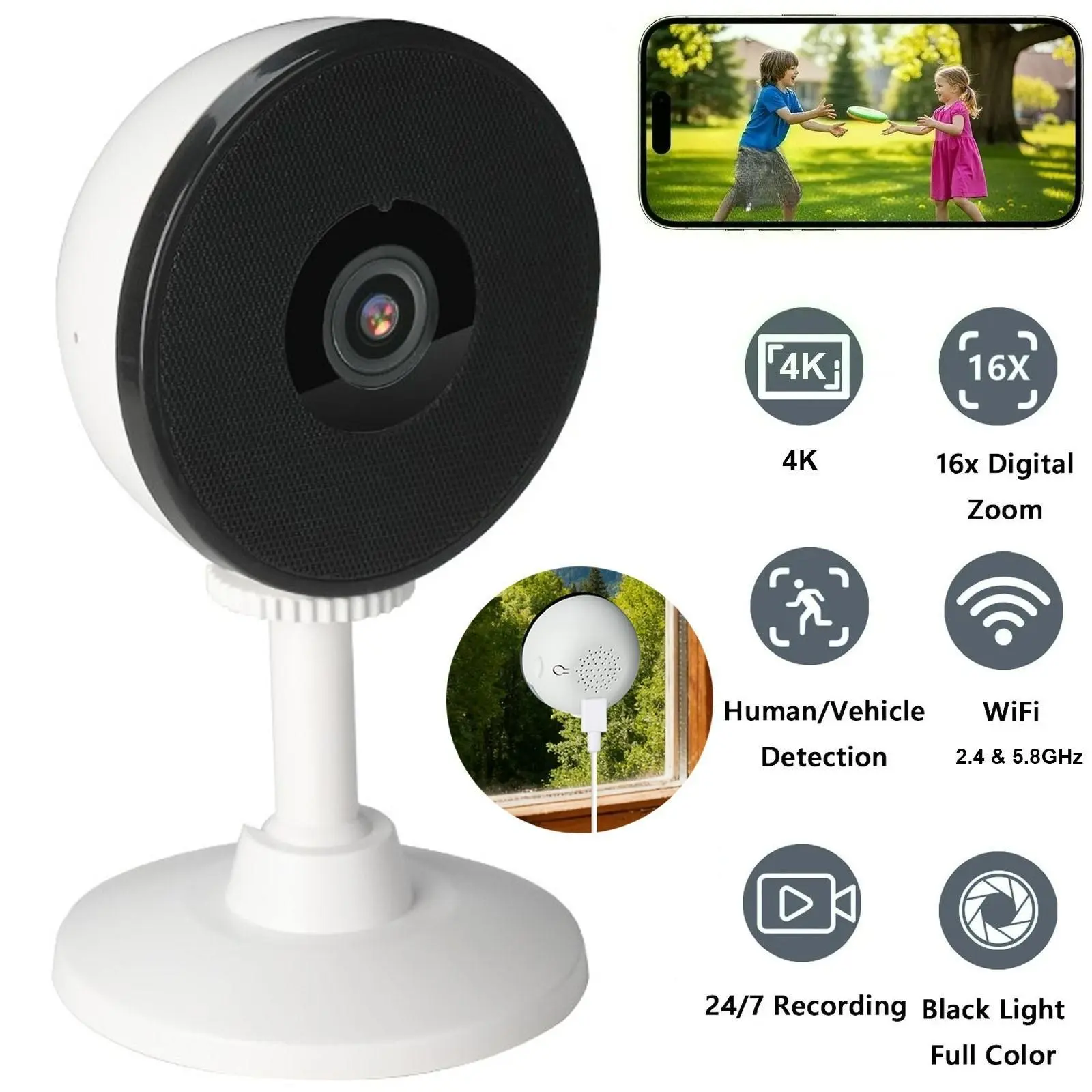 【BackToSchool】4MP Window Camera for Home Security with Full Color Night Vision 2K QHD Through Glass WiFi Cam Two Way Audio Cloud Storage Pet Baby Monitor