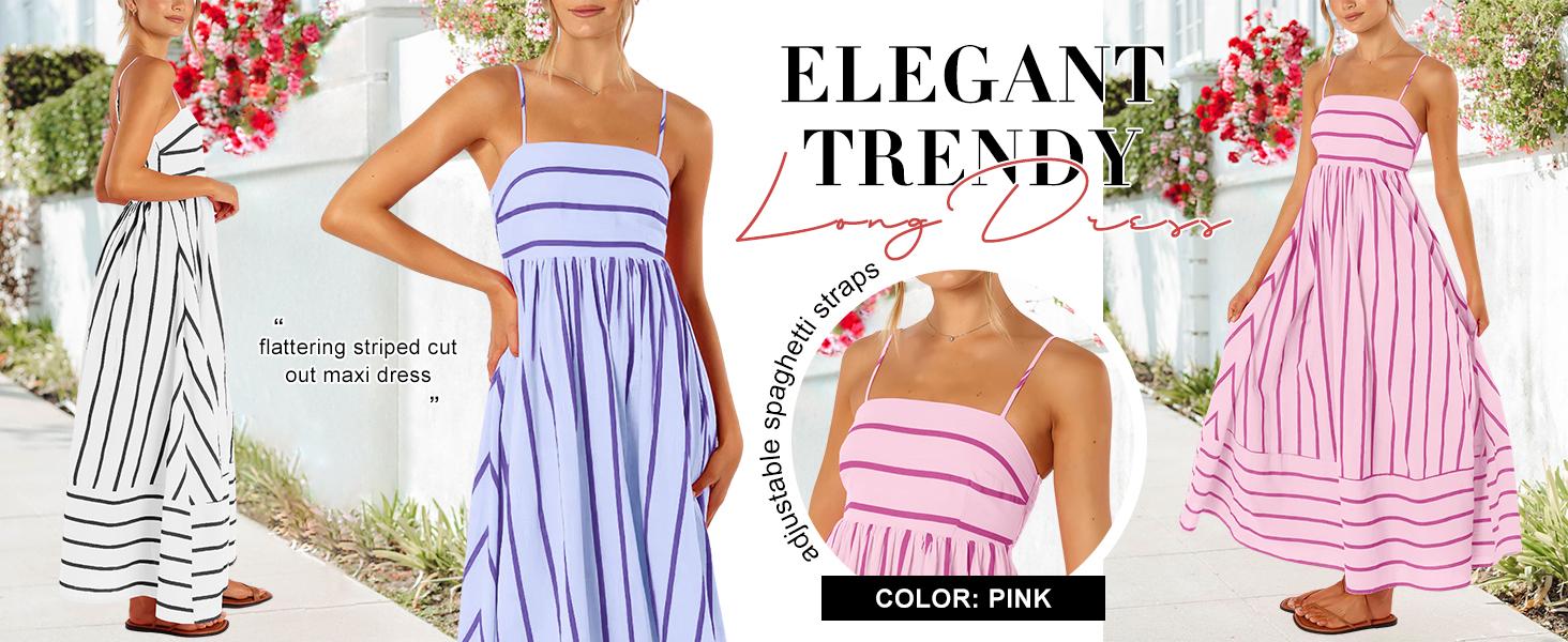 Loveimgs Women's Backless Maxi Dress — Striped & Pleated Design, Sexy Spaghetti Straps, Flowing Full Skirt