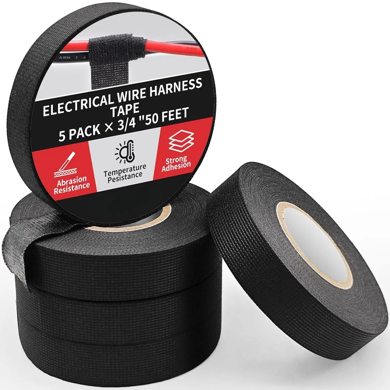 5 Rolls Polyester Wiring Harness Tape, 3/4 in x 50 FT High-Temp Self-Adhesive Fabric Tape for Automotive Engine & Dashboard Wire Harnesses, Wire Wrapping, Abrasion Resistance, Circuit Maintenance, 3/4 Inch X 50 Ft