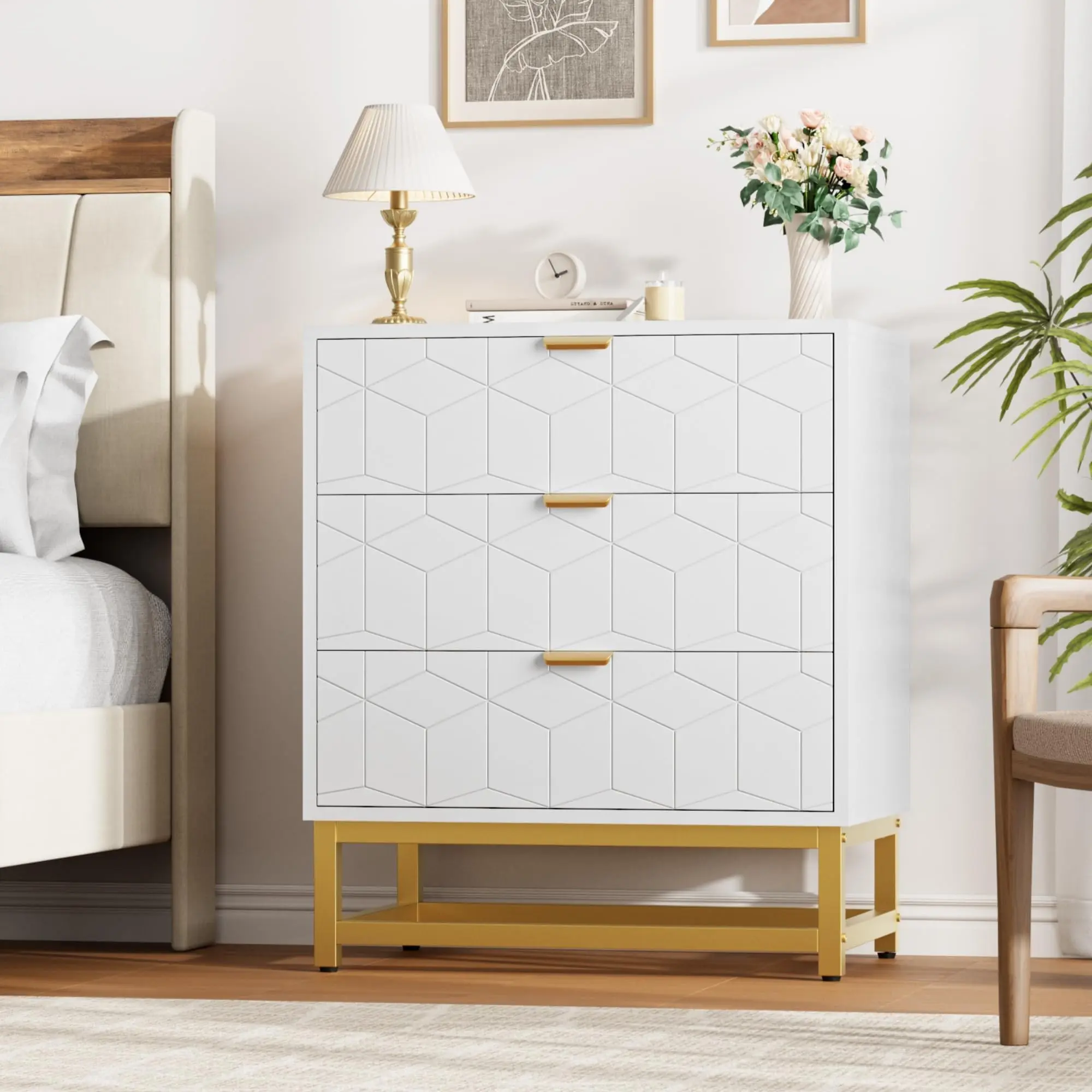 Modern 3-Drawer Black Wood Entryway Storage Cabinet - Drawer Dresser with Gold Metal Legs/Handles, Carved Patterns, for Living Room, Bedroom - Black Accent Hallway Furniture, Chic Hallway Furniture, Modern Cupboards, Cupboards Cabinets