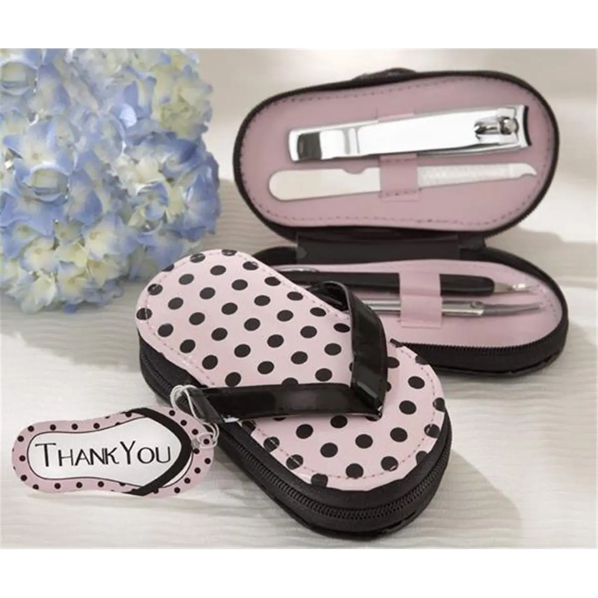 212 MAIN Pink Polka Dots Compact 5-Piece Flip Flop Pedicure Kit - Nail Supplies with Nail File, Zip-Open Design, Matching Tag for Home, Festive Use for Guests