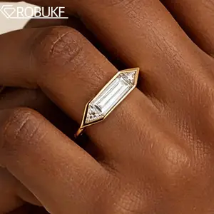 1.4CT East West Straight Baguette Cut Moissanite Engagement Rings for Women S925 Silver Plated 18K Gold Bezel Set Wedding Band