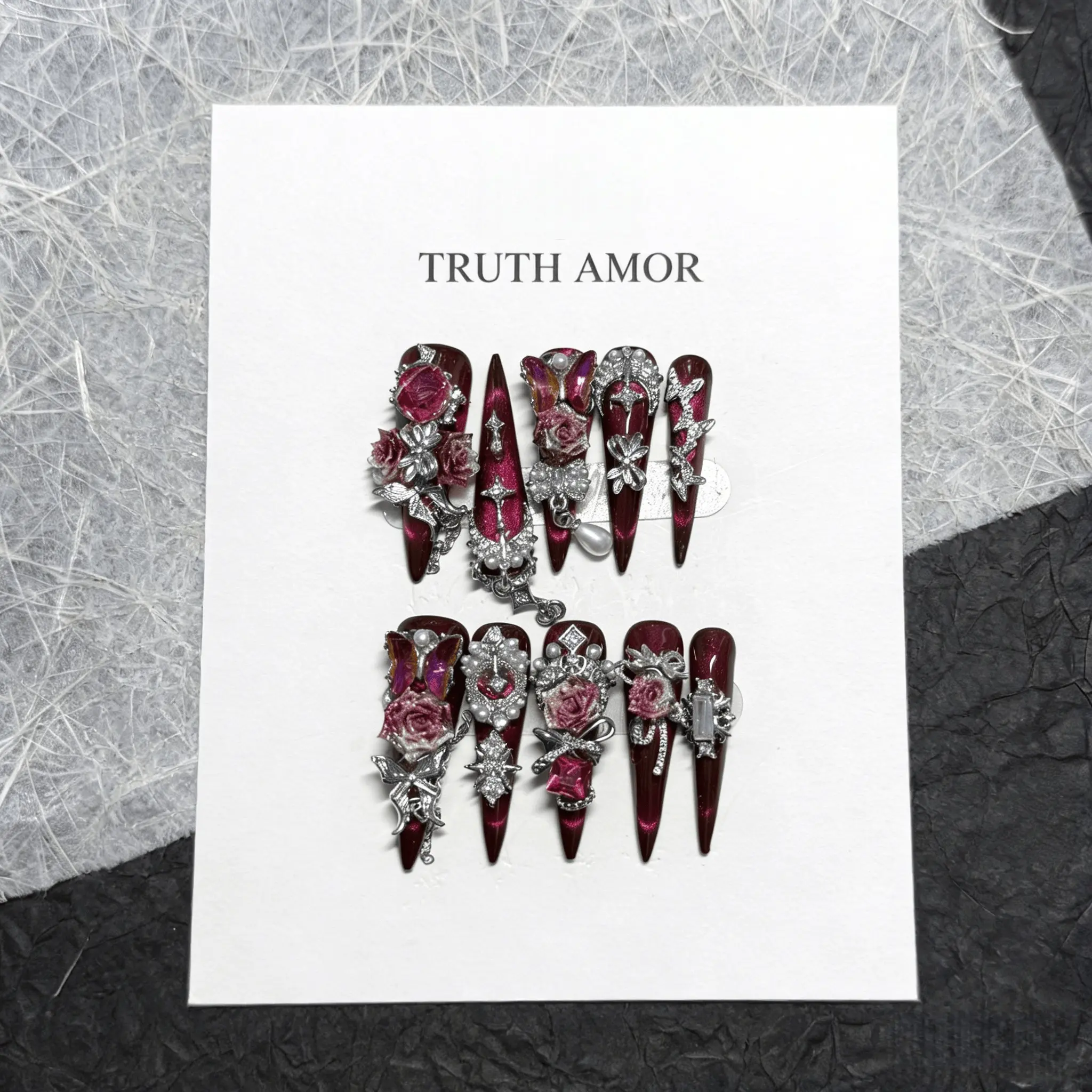 10Pcs TRUTH AMOR Red Rose Press On Nails, Long Stiletto Fake Nails with Butterfly & Pearl Charms, Romantic Luxury Style, Reusable False Nail Kit, Decorative Nails, RedRoseNails, LuxuryNails, ButterflyNailArt, PressOnNails