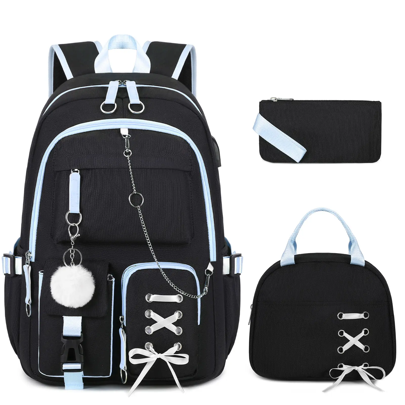 SIMILOVE Multi-Function Girls' Backpack Set with Lunch Box, Pencil Case, USB Charging Port, Headphone Jack Play, Water-Resist Fabric & Umbrella Side Pocket for Middle School Students, Back-to-School Gift Bag