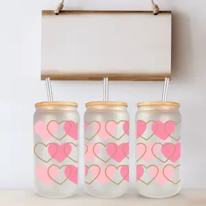 Libby Glass Jar - Cute Heart Pink & Gold 16oz Frosted or Clear with Bamboo Lid & Straw - Drinkware