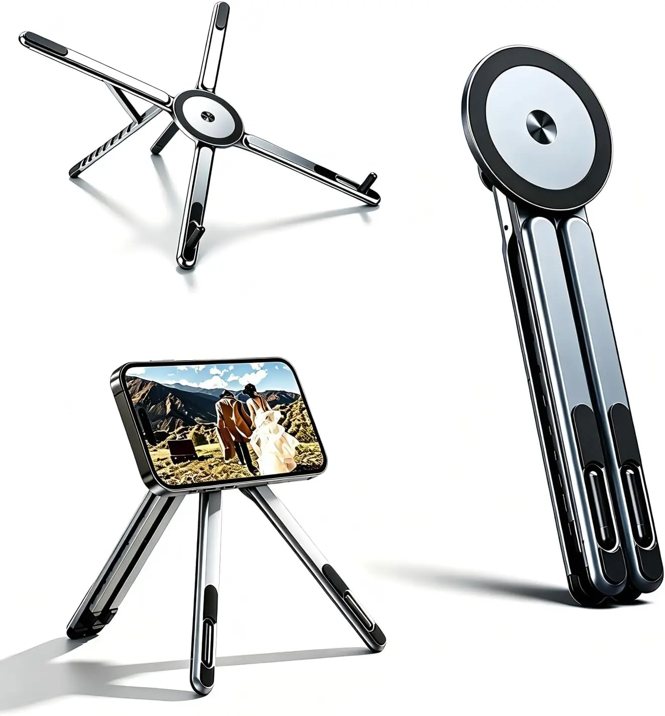 3-in-1 Foldable Magnetic Phone Laptop Tripod Stand,Portable Adjustable Holder for Tablet,Magnet Phone Mount Compatible with Mag-Safe iPhone Android MacBook