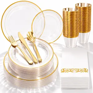 Crystal-Clear Gold border 350pc set Disposable Plates and silverware Set: Dinner Plates,Dessert Plates,Cups,Napkins,Knife,forks,spoons-Perfect for Party Reusable