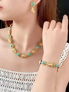 Boho Style Turquoise Decorated Jewelry Set, Vintage Style Pendant Necklace & Dangle Earrings & Bracelet, Fashion Accessories for Women