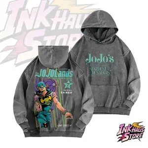 Anime-inspired design based on *JoJo's Bizarre Adventure*. Themed washed American-style hoodie, made in the USA | High-quality 100% cotton streetwear hoodie | Relaxed fit