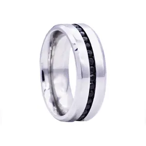 Mens High Polish Stainless Steel Eternity Band Ring With Black Cubic Zirconia