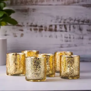 6-Pack Mercury Glass Candle Holders Palm Leaf Design Gold - Votive Tealight Holders for Events