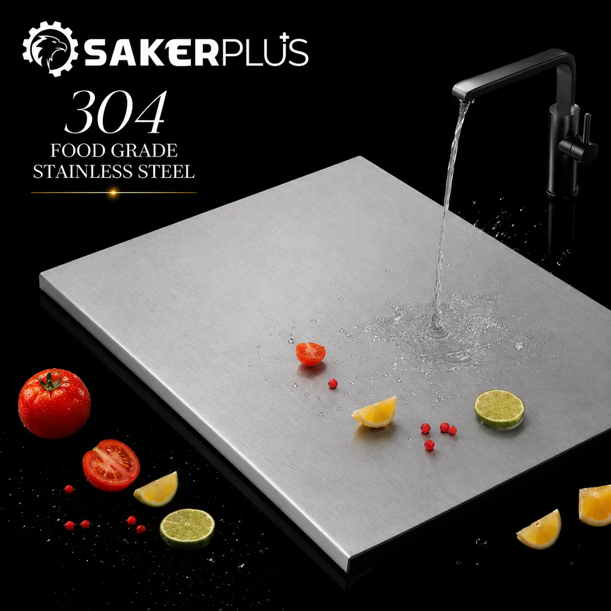 Sakerplus 304 Stainless Steel Cutting Board for Kitchen, Food Grade Double-Sided Meat Chopping Board, Non-Slip Anti-Microbial Pastry Board with Hanging Hole, Dishwasher Safe