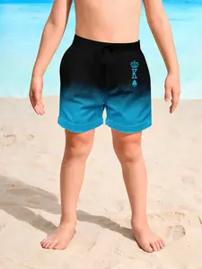 Boys' Blue Gradient Swim Trunks Swimsuit, K Letter Crown Peach Print, Outdoor Cool Quick Dry Beach Shorts, Casual Fitted Knee Length