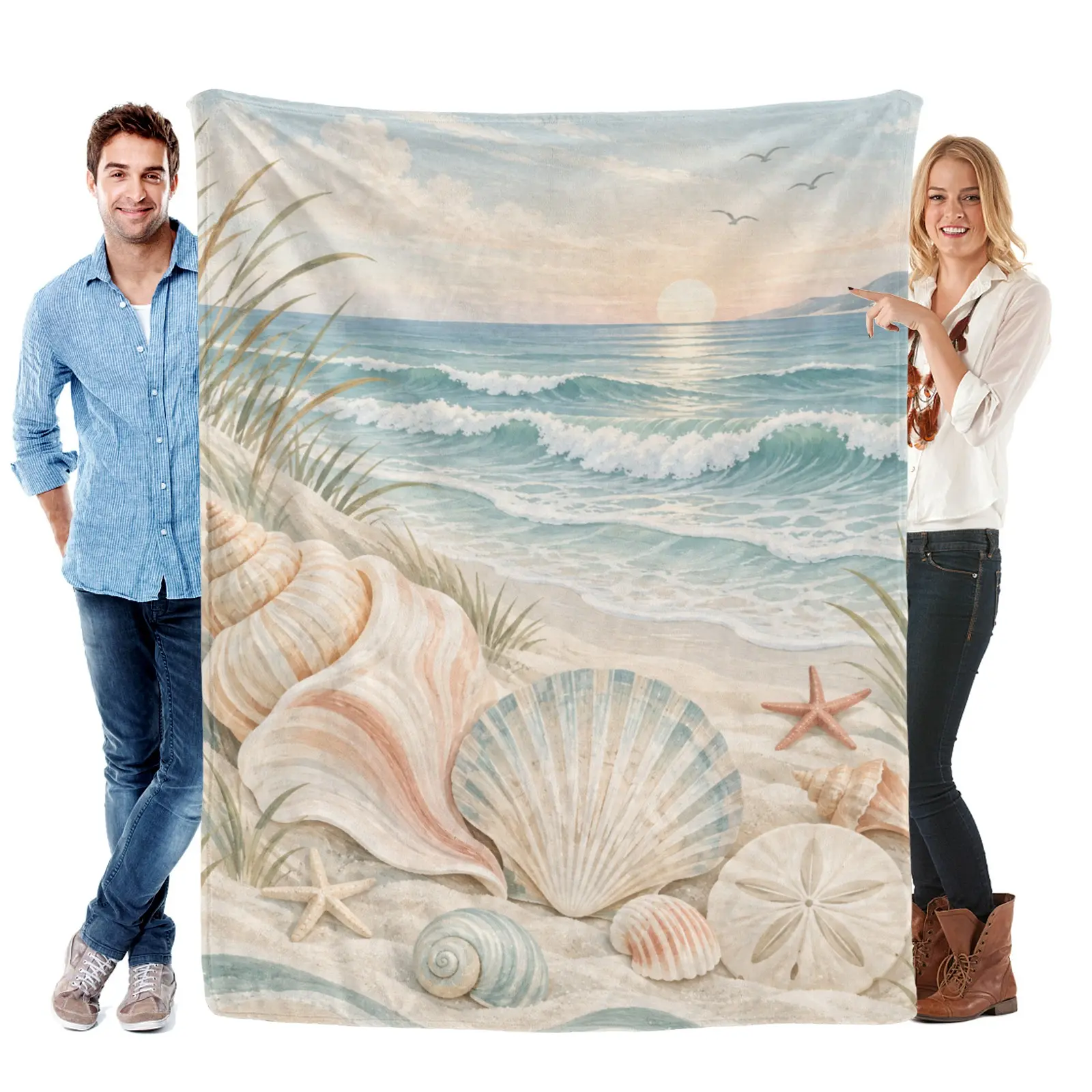Flannel Throw Blanket, Coastal Seashell and Ocean Wave Print, Soft Cozy Beach Sunset Blanket for Sofa Bed, Beach House Decor