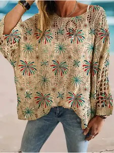 Women's Firework Print Long Sleeve Knit Top, Casual Elegant Vacation Style Sweater, Loose Fit Batwing Shoulders, Spring & Fall Fashion