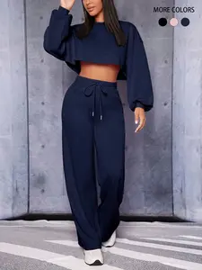 Two-Piece Set Women's Solid Drop Shoulder Long Sleeves Crop Sweatshirt & Drawstring Waist Pocket Sweatpants, Casual Fashion Cozy Breathable Two Piece Outfits for Daily Everyday Outdoor Wear, Women Clothes for Spring Fall