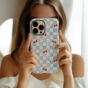 Blue Checkered Cherry Phone Case for iPhone 11 12 13 14 15 16 17 Pro Max & Air |   Vintage Fruit Retro Patchwork Spring Design, Stylish Protective Cover